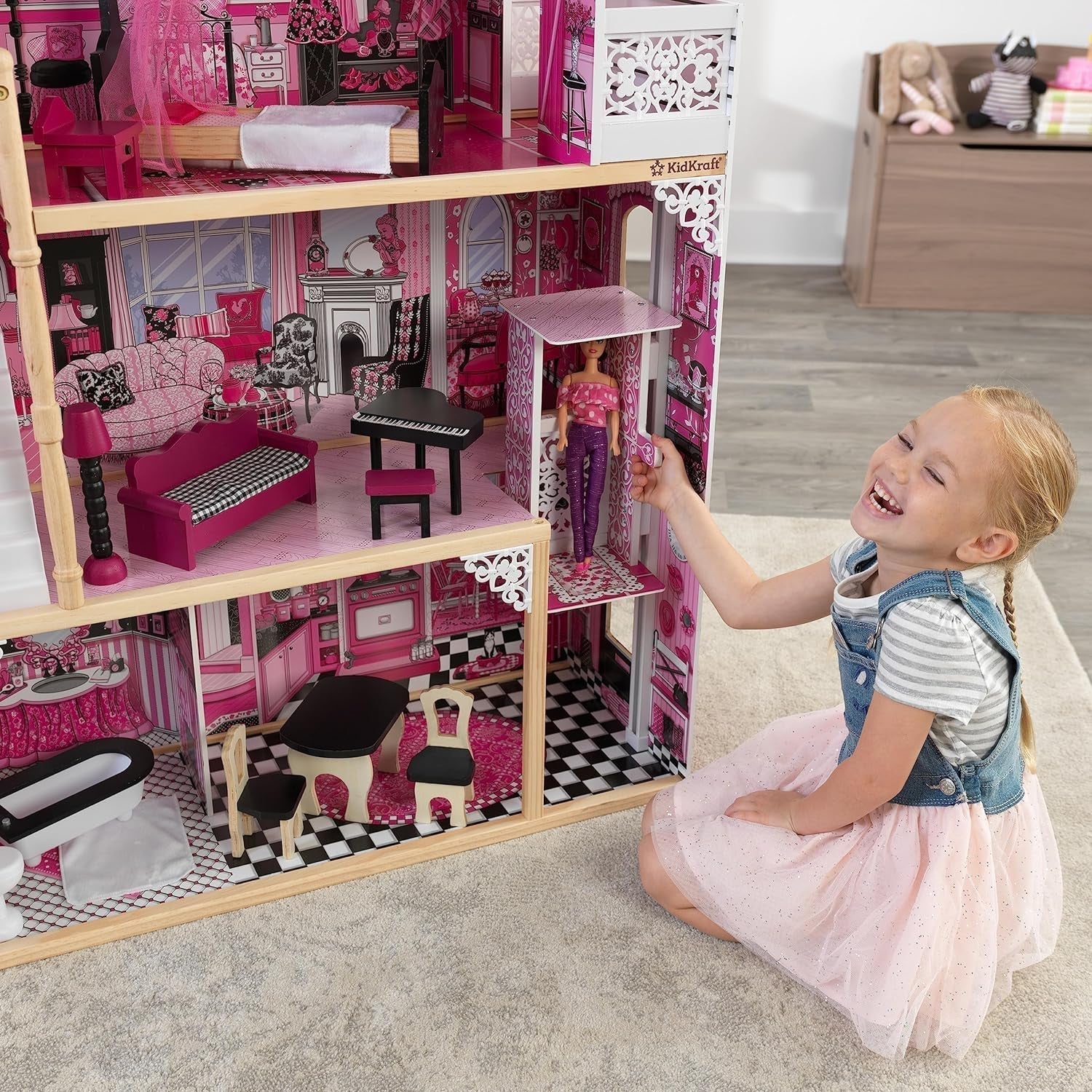 Kidkraft Maison de poupée en bois Amelia avec meubles et accessoires, ensemble de jeu avec balcon et ascenseur pour poupées de 30 cm, jouet pour 3 ans, 65093 Naty Shop Dollhouses