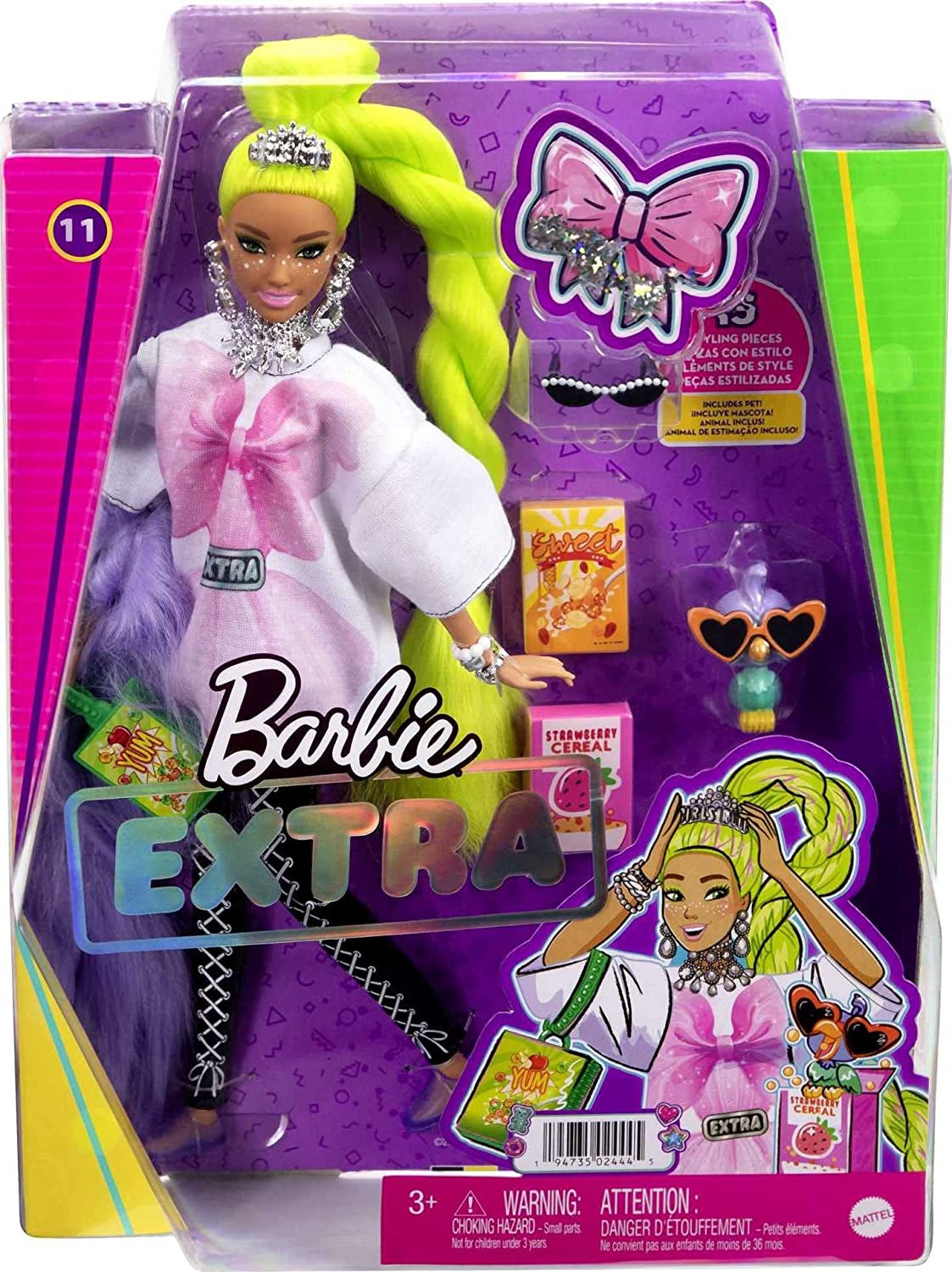 Barbie HDJ44 - Poupée Extra #11 en T-shirt surdimensionné et leggings avec perroquet de compagnie, cheveux extra longs vert fluo et accessoires, articulations flexibles, jouet cadeau pour les 3 ans et plus Naty Shop Dolls