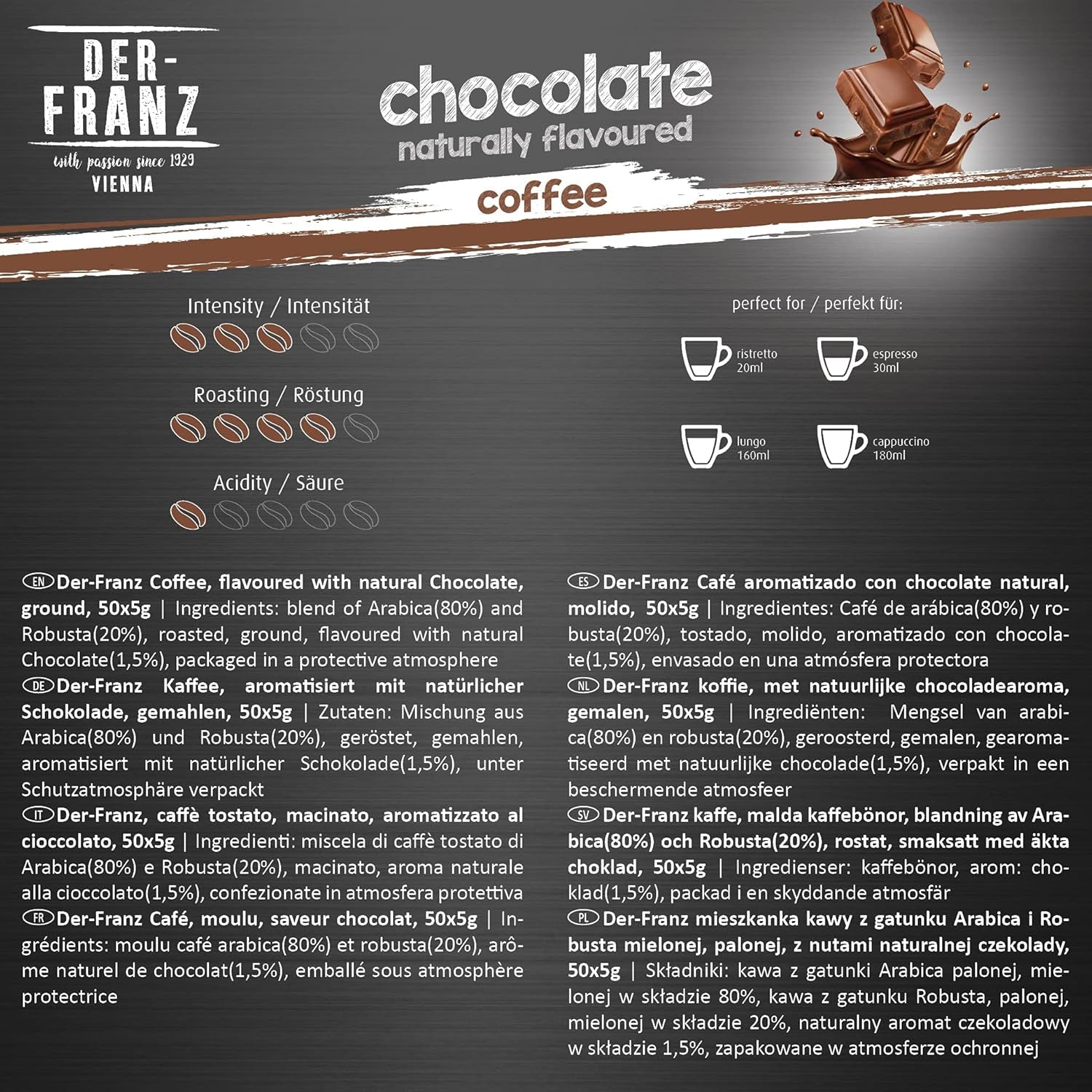 Der-Franz Kaffee Pack, ganze Bohne, aromatisé, 5 x 500 g (1 x Noisette, 1 x Vanille, 1 x Chocolat, 1 x Zimt, 1 x Caramel)