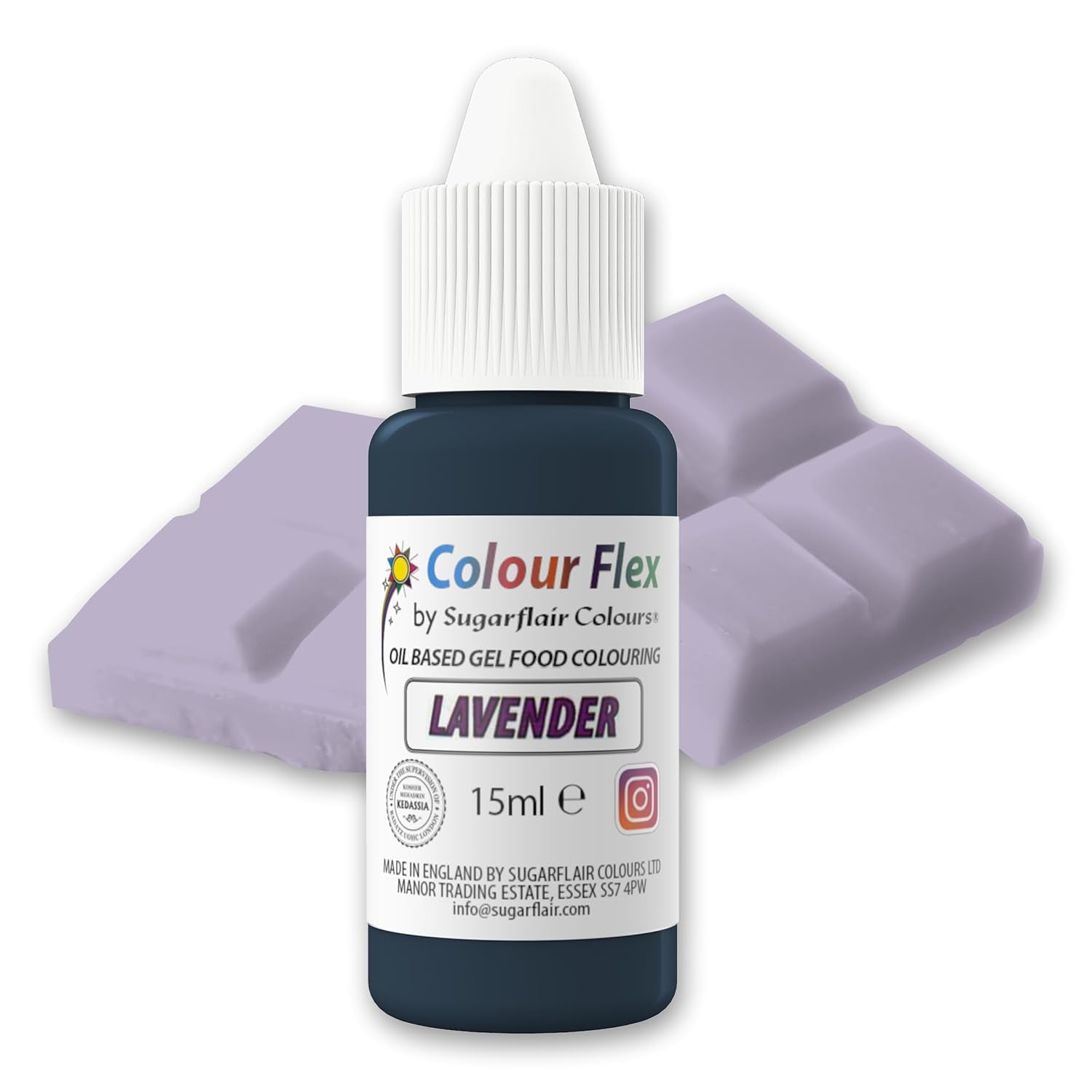 Colorant alimentar pe bază de ulei Sugarflair Colourflex Lavandă, colorant alimentar lichid foarte concentrat pentru cremă de unt, ciocolată, aluat, fondant, glazură și multe altele - 15 ml