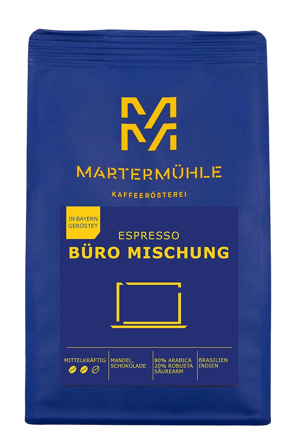 Martermühle Office Blend grains d'espresso 1 kg, force moyenne | Arabica/Robusta | Saveurs : Amande, Chocolat | Grains d'espresso entiers, légèrement torréfiés, faible acidité