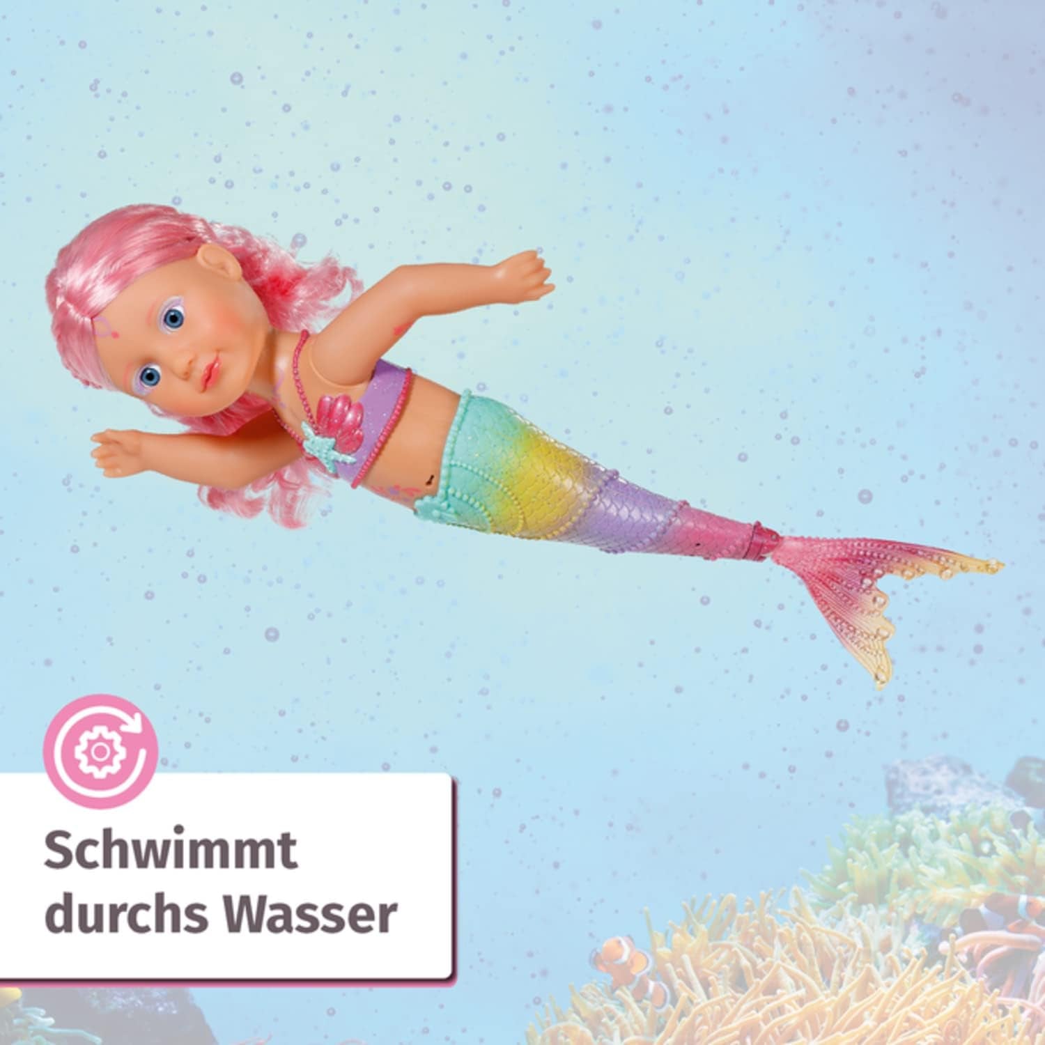 BABY Born Little Sister Mermaid 46 cm Poupée sirène imperméable avec cheveux longs et nageoire scintillante mobile, avec jouet. diadème et peigne, 833681 Zapf Creation Dolls Naty Shop