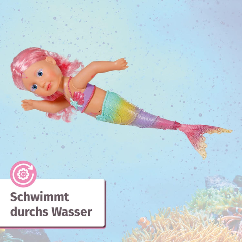 BABY Born Little Sister Mermaid 46 cm Poupée sirène imperméable avec cheveux longs et nageoire scintillante mobile, avec jouet. diadème et peigne, 833681 Zapf Creation Dolls Naty Shop