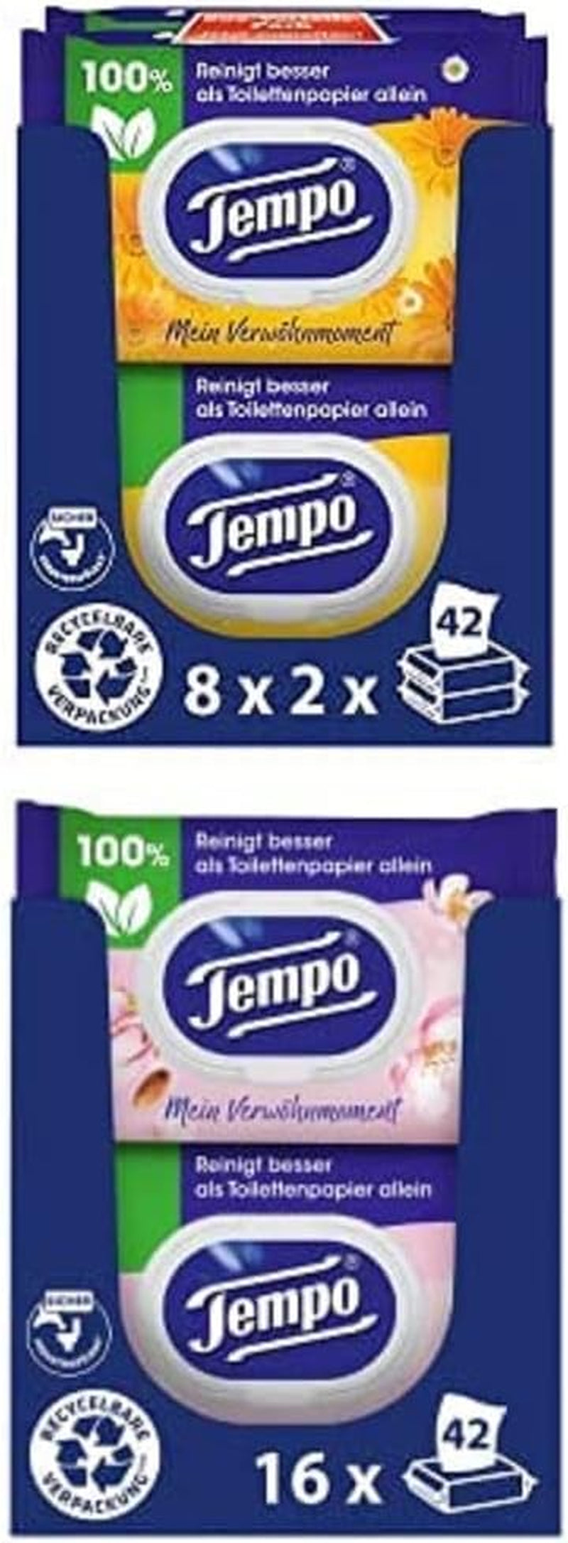 Pack de lingettes de toilette Tempo Moist My Pampering Moment au calendula (16 pièces) et de lingettes de toilette Tempo Moist au lait d'amande et panthénol (16 pièces)