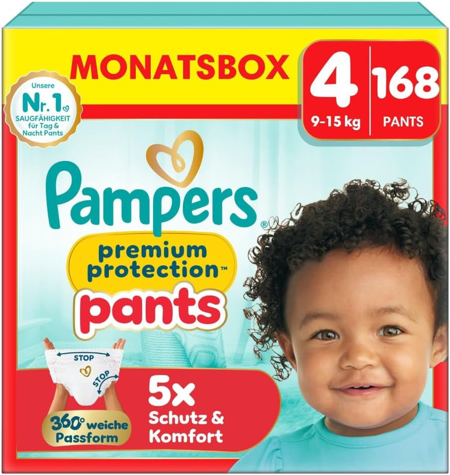 Pantalon de protection Pampers Premium Taille 7, 123 couches, 15 kg+, avec réglage à 360° et poignets anti-fuites souples pour un confort et une protection optimaux