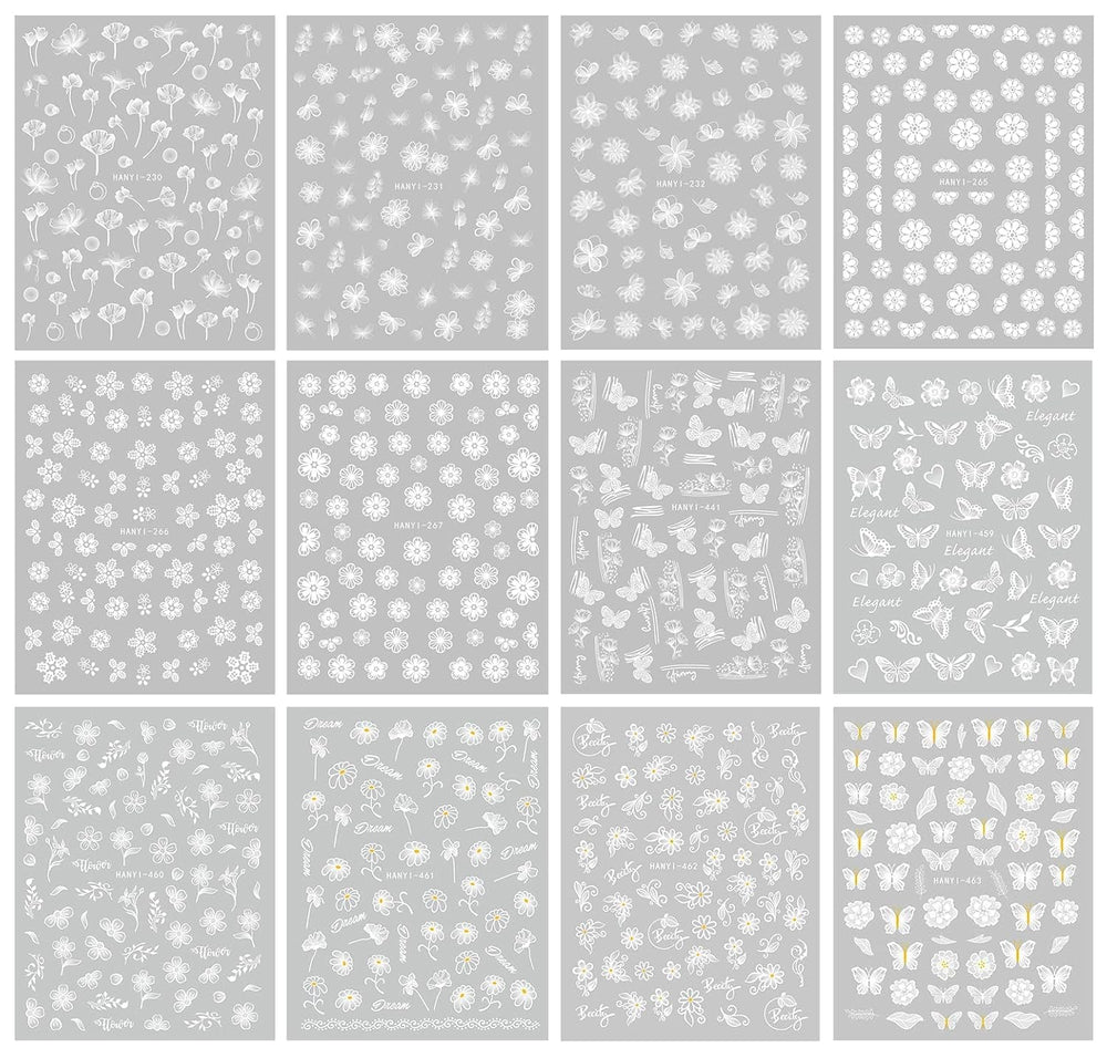 JMEOWIO Nagelsticker Frühlings Weiß Blume 12 Blatt Nail Art Sticker Selbstklebend Nagelaufkleber Sommer Schmetterling Blumen Blatt Dekoration Nageldesign Zubehör