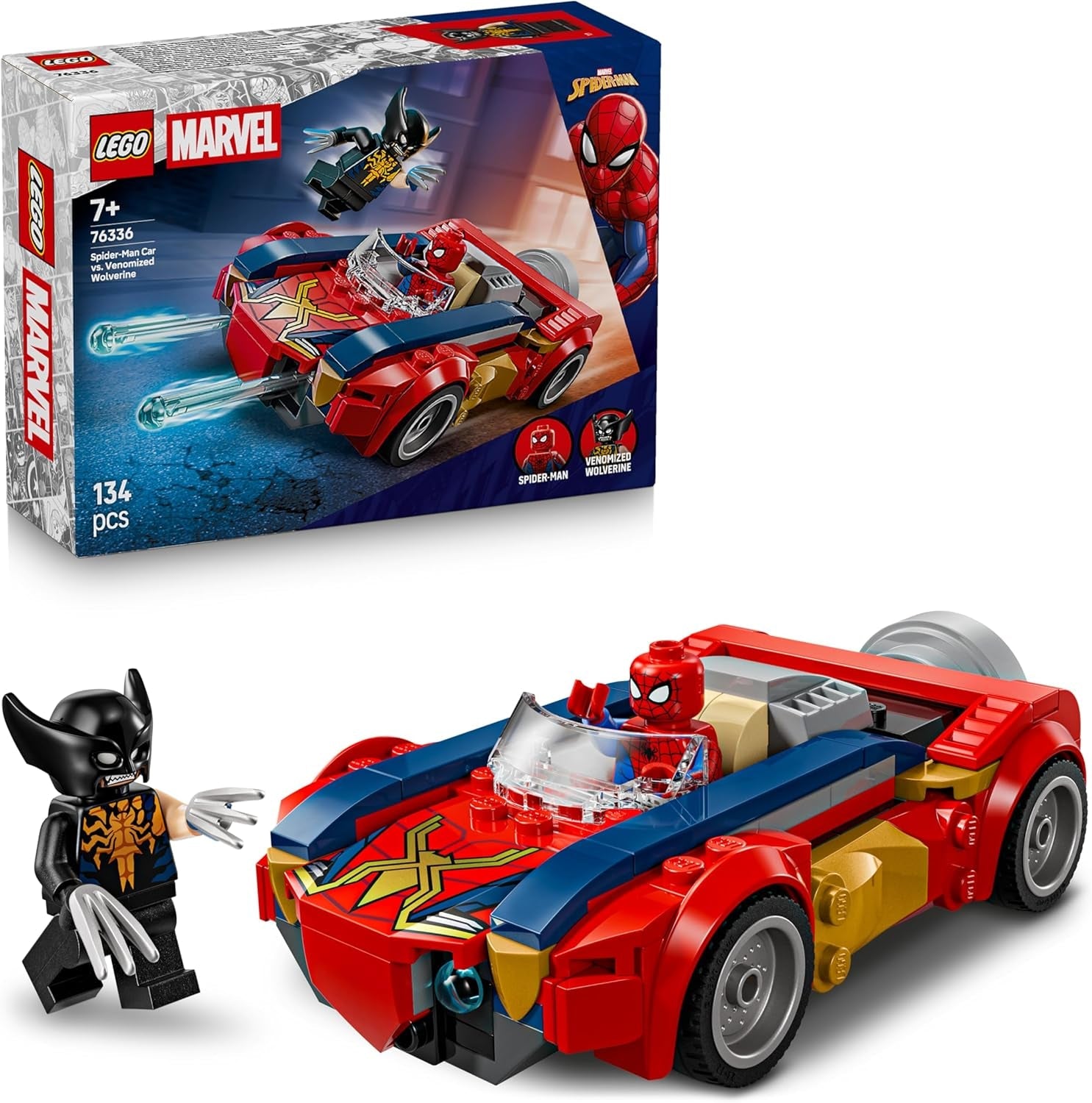 LEGO | Marvel Spider-Man Auto vs. Venomized Wolverine - Superhelden Spielzeug mit Spielzeugauto - Konstruktionsspielzeug mit 2 Minifiguren und 2 Shooter - Geschenk für Jungen ab 7 Jahren - 76336