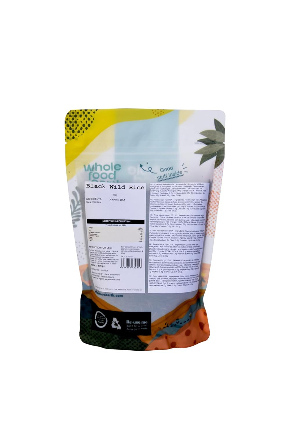 Wholefood Earth USA Riz sauvage noir – Sans OGM – Naturel – Végétalien – Sans produits laitiers – Sans sucre ajouté, 500 g