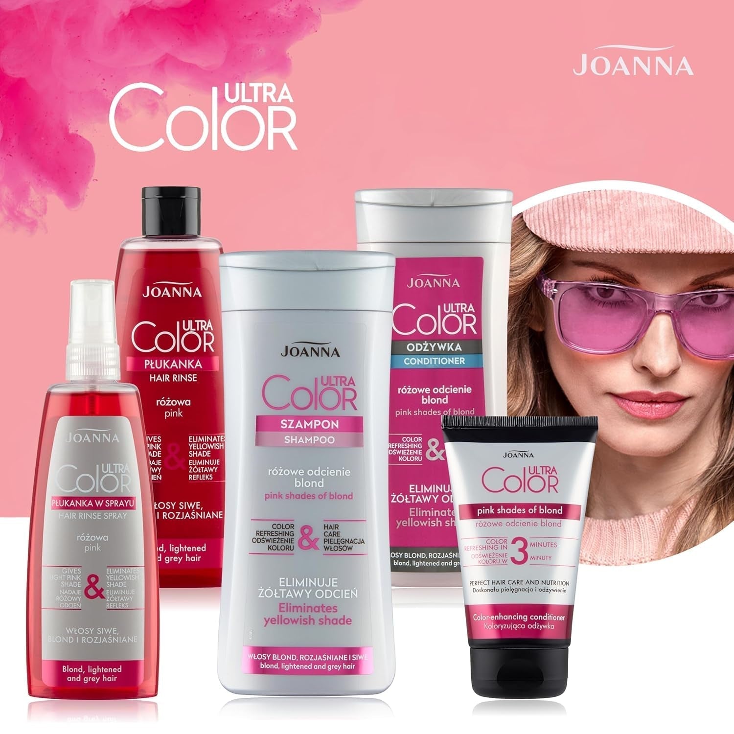 Joanna Ultra Color - Après-shampooing rose pour cheveux blonds et clairs - Rose pastel - Brillance naturelle - Élimine la teinte jaune des cheveux gris-blonds - Effet temporaire - 150 ml Teinture capillaire Naty Shop