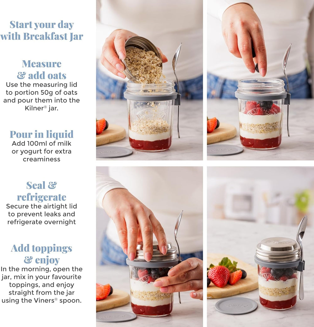 Pot de petit-déjeuner Kilner avec cuillère / 350 ml, Ø 9,5 cm / 5 pièces | tasse de muesli à emporter / non toxique / récipient en verre avec couvercle pour muesli, porridge et yaourt / contenant d'avoine pour la nuit Naty Shop Boîtes de conservation des aliments