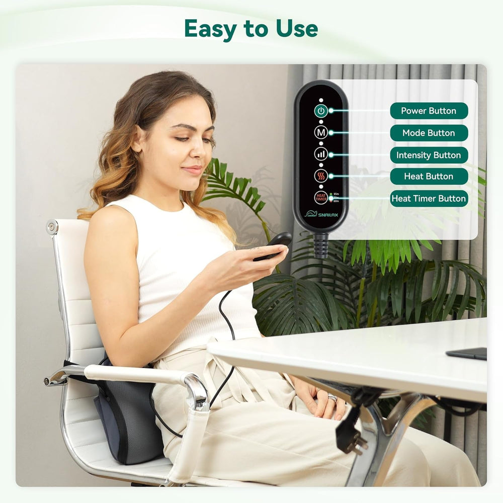 Snailax Oreiller de soutien lombaire ergonomique avec massage et chaleur, oreiller de dos Shiatsu en mousse à mémoire de forme, coussin de siège avec 3 intensités de massage | 2 niveaux de chaleur | 3 minuteries | position assise confortable