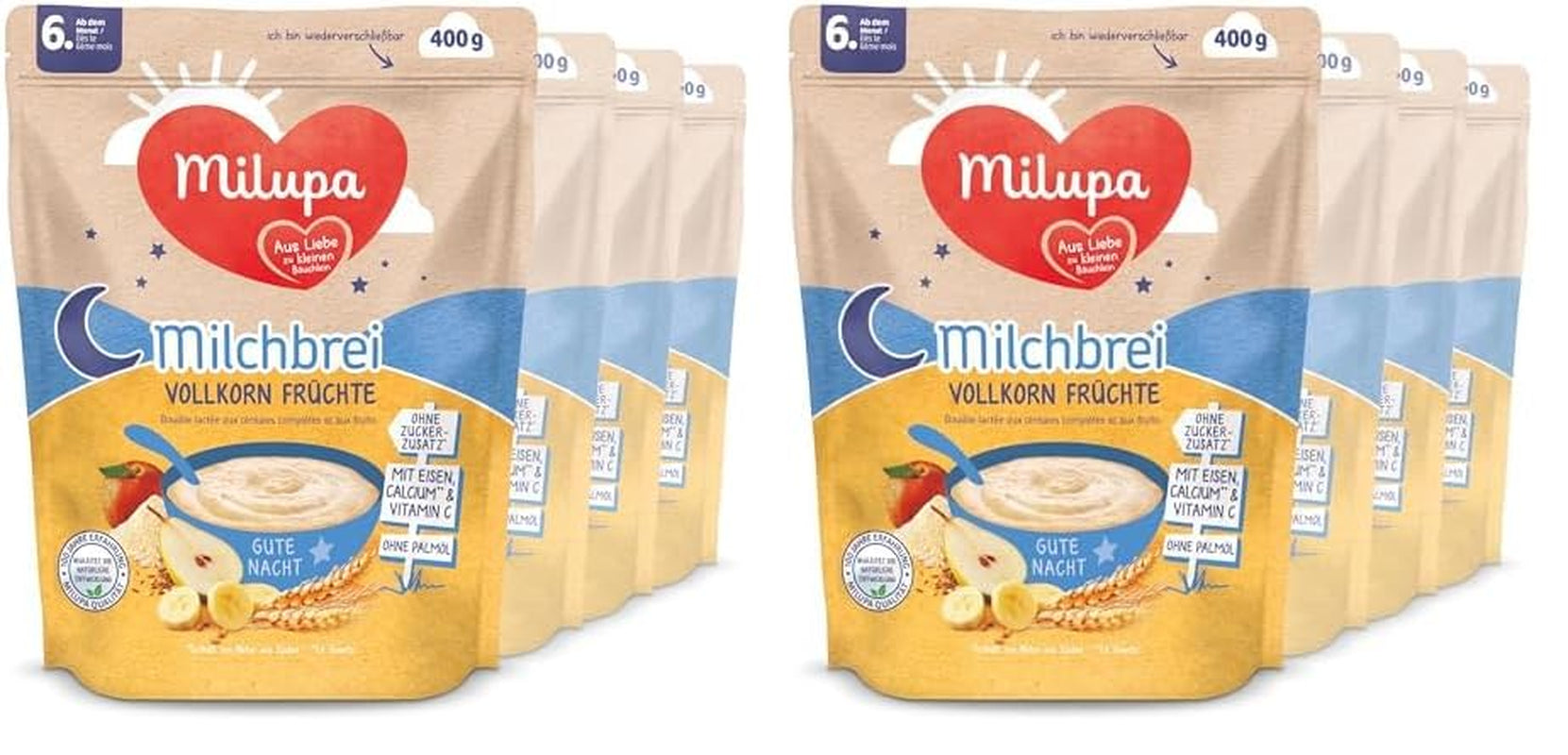 Milupa Milk Porridge Fruits Complets - Porridge pour enfants sans huile de palme, à partir de 6 mois - 4 X 400 G (pack de 2) Mère et Enfant Naty Shop Default Title