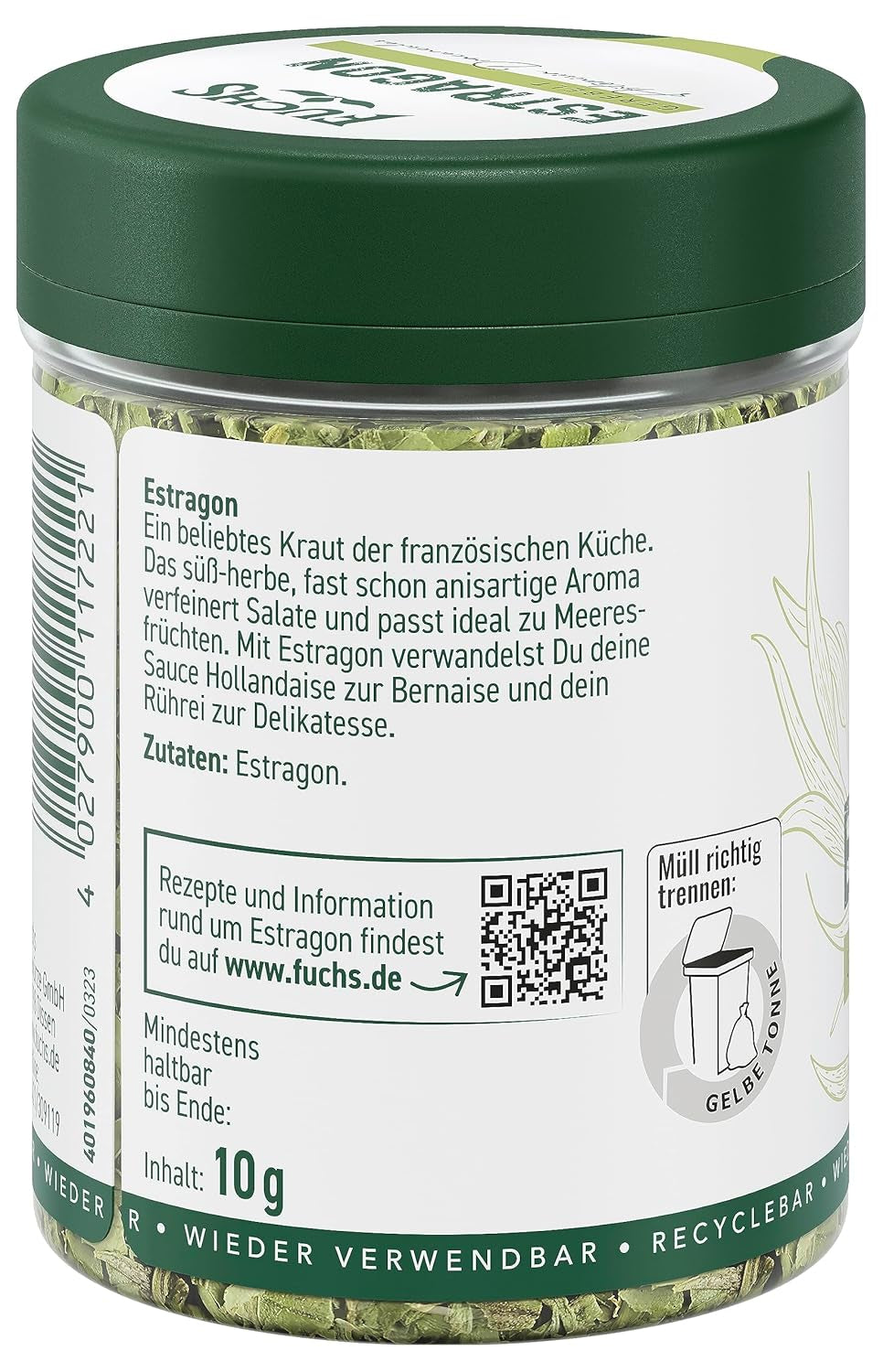 Fuchs Gewürze - Estragon gerebelt - Französisches Kraut zur Verfeinerung von Saladen, Sauce Hollandaise ou Rührei - ingrédients naturels - 10 g dans une dose variable, recyclable