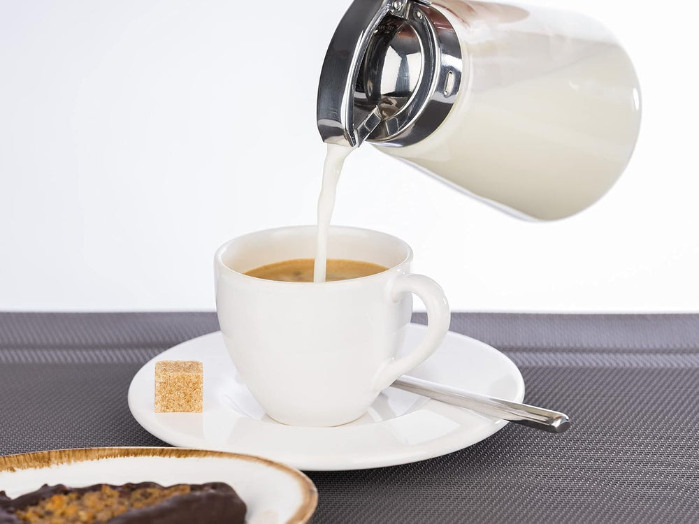 APS 765 Mug universel, mug verseur en verre avec bouchon à vis en acier inoxydable, mug verseur pour miel, café crème ou autres liquides, 8,5 x 12 cm, hauteur 13 cm