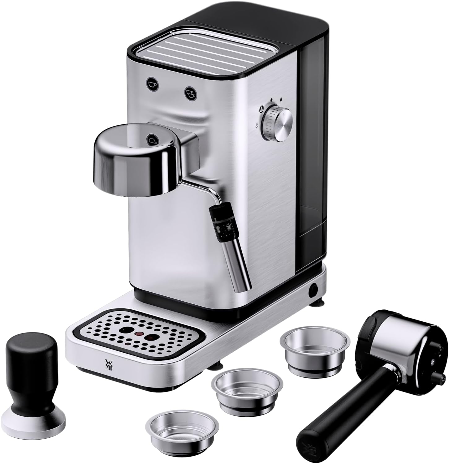 Machine à expresso WMF Lumero, porte-filtre, 1400 watts, porte-filtre, 3 inserts, pour 1-2 tasses à expresso, y compris pour capsules, 15 bars, porte-gobelet, mousseur à lait, acier inoxydable mat