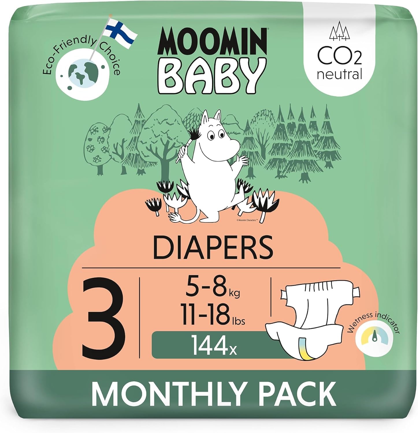 Couches Moomin Baby Eco, taille 3, 5-8 kg, 48 pièces, couches souples de qualité supérieure | Doux et agréable pour la peau, respirant, absorbant, sans produits chimiques inutiles |