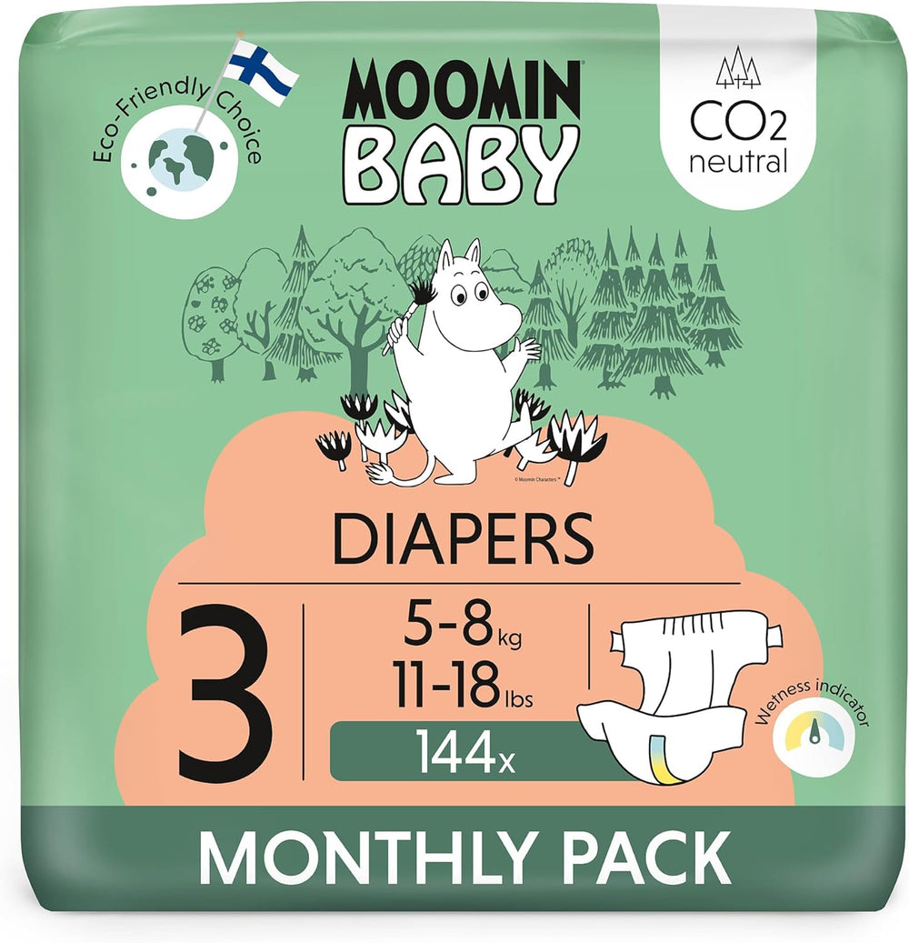 Couches Moomin Baby Eco, taille 3, 5-8 kg, 48 pièces, couches souples de qualité supérieure | Doux et agréable pour la peau, respirant, absorbant, sans produits chimiques inutiles |