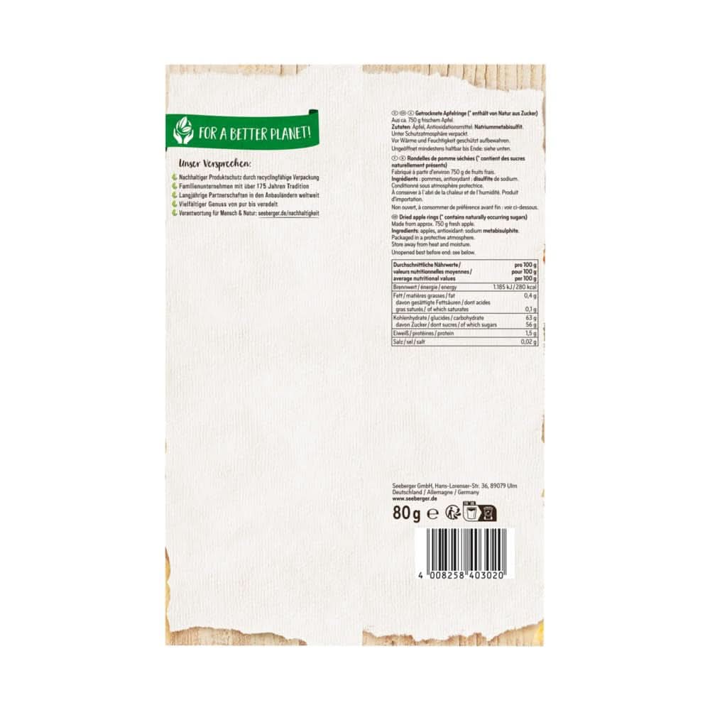 Seeberger, tranches de pommes séchées de la meilleure qualité, sans sucre ajouté, 10 x 80 grammes Produits déshydratés Naty Shop