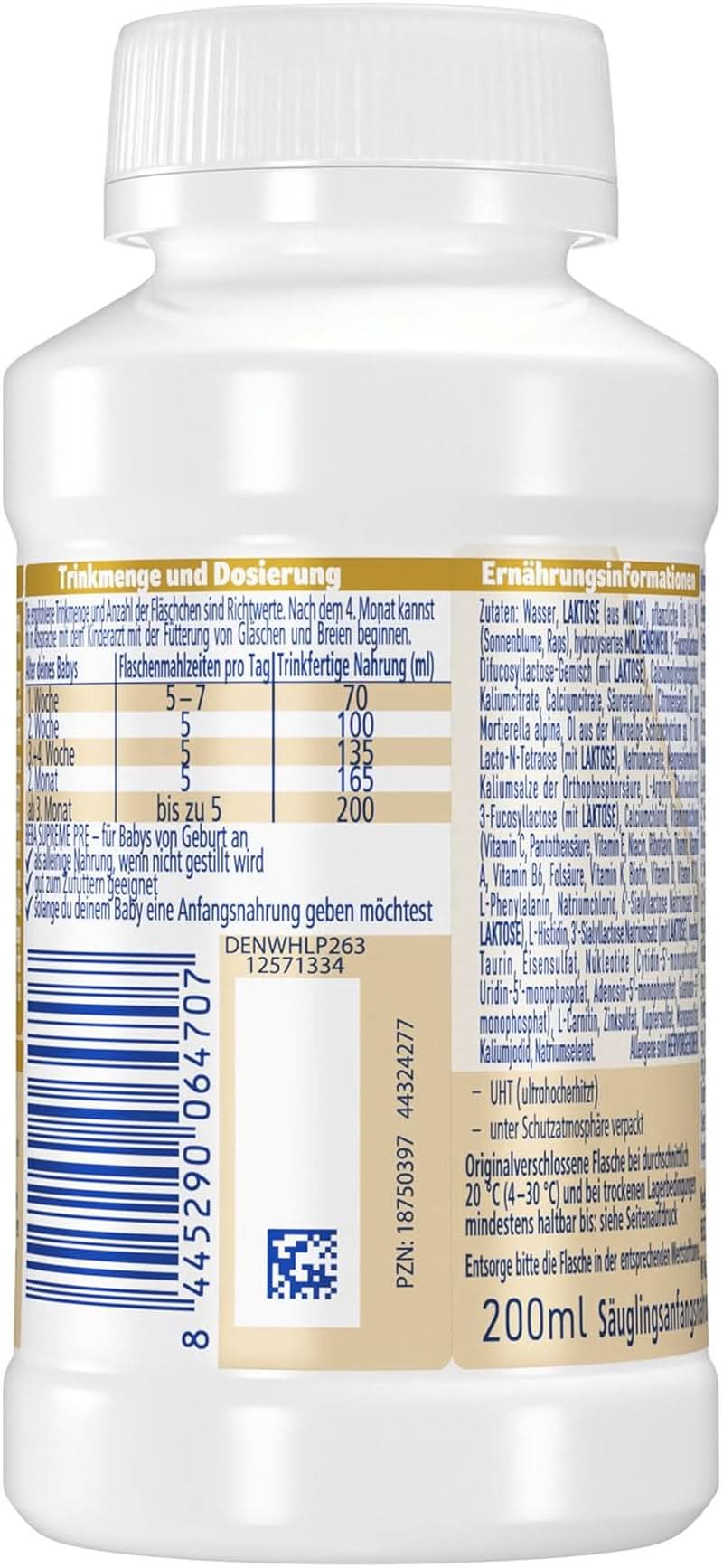 BEBA SUPREME PRE Lait initial prêt à boire dès la naissance, aliment pour bébé avec DHA, lactose uniquement, sans huile de palme, pack de 8 (8 x 200 ml) Mère et Enfant Naty Shop