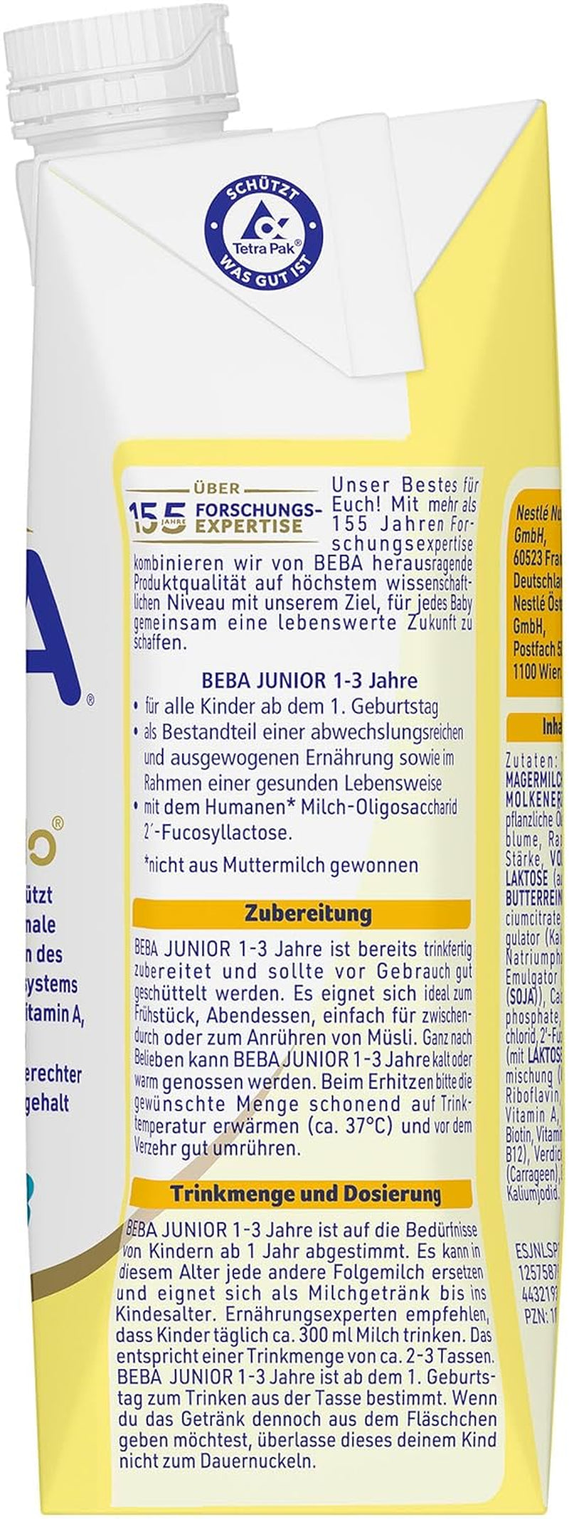 BEBA Junior Boisson lactée prête à boire 1-3 ans, avec HMO, teneur en protéines adaptée à l'âge, sans huile de palme, sans huile de poisson, nourriture pour tout-petits, paquet de 12 (12 x 500 ml)