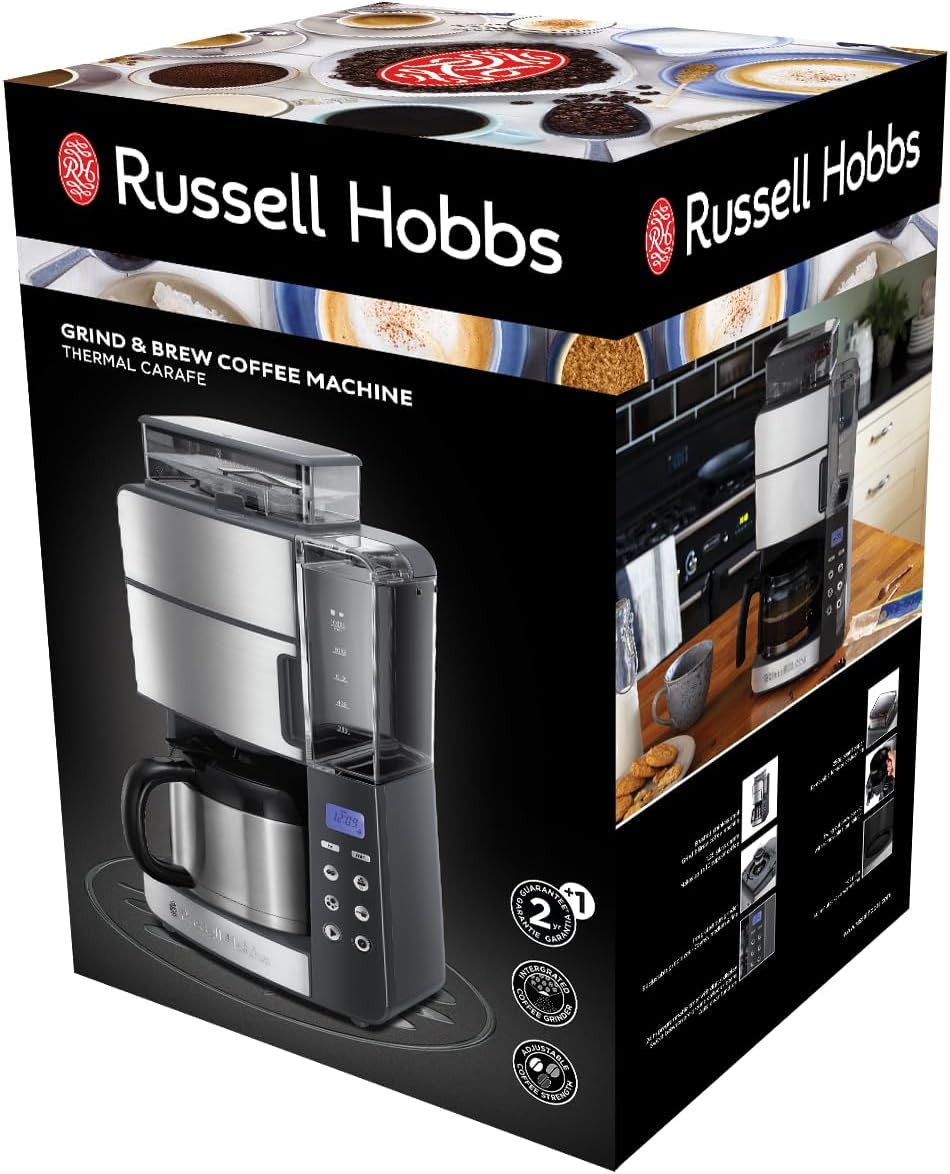 Russell Hobbs Cafetière avec moulin et carafe thermique [minuterie numérique, pomme de douche pour une extraction et un arôme optimaux] Grind&Brew (1-10 tasses, 3 réglages de mouture) Cafetière à filtre 25620-56