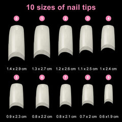 Faux ongles 500 pièces couleur naturelle faux ongles artificiels 10 tailles bricolage acrylique avec boîte brosse à ongles cuticule poussoir lime à ongles