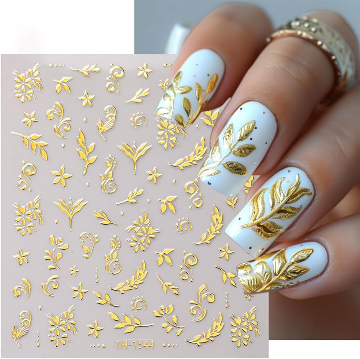 JMEOWIO Nagelsticker Goldene Blumen 8 Blatt Nail Art Sticker Selbstklebend Nagelaufkleber Dekoration Nageldesign Zubehör