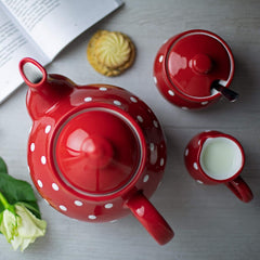 City to Cottage® - Grand service à thé | Rouge et Blanc | Points | Fait à la main | Théière en céramique 1,7 litres, pot à lait, sucrier