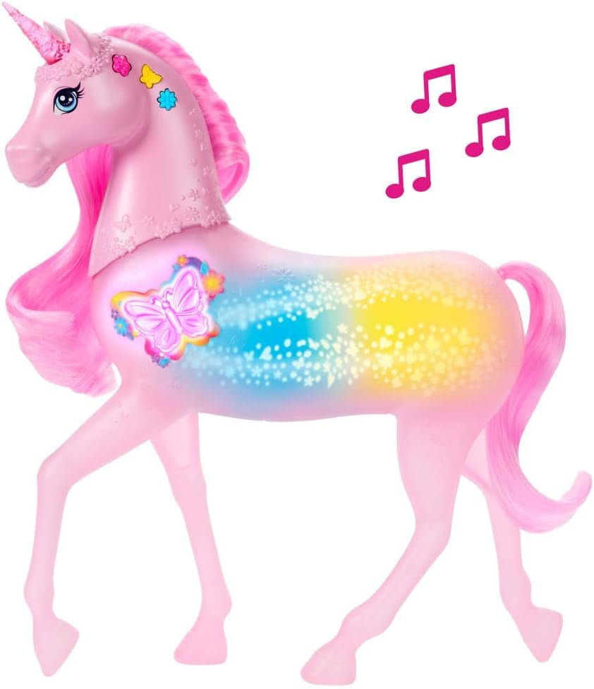 Barbie unicorn strălucitor care luminează în întuneric cu 20 de combinații interactive de efecte de lumină, sunete și muzică, pentru joacă prin apăsarea butoanelor și mângâierea capului, JCP78