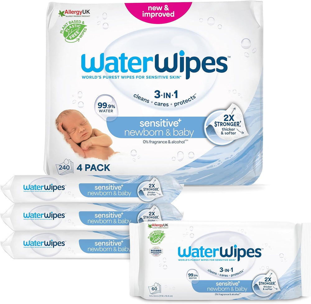 WaterWipes Sensitive+ Lingettes humides pour nouveau-nés et bébés, 540 pièces (9 paquets), nettoyage 3 en 1, entretien, protection, 99,9 % d'eau, sans parfum