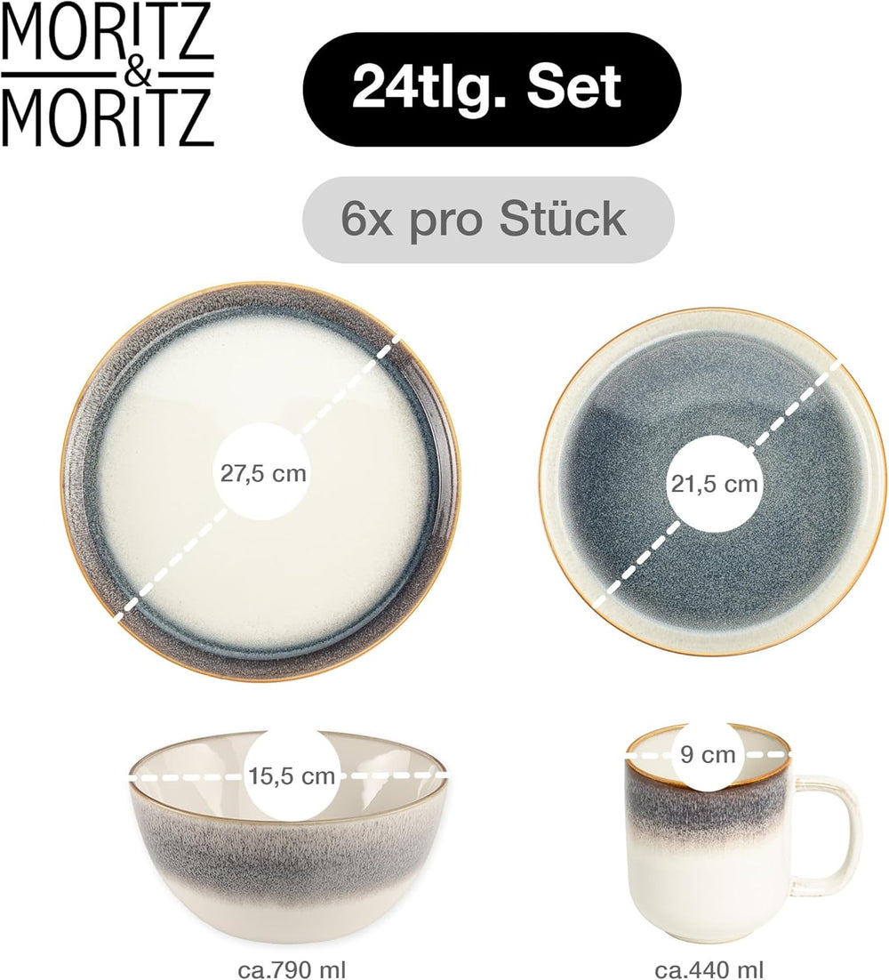 Moritz & Moritz TARENTO Service de table 24 pièces pour 6 personnes, gris – Service d'assiettes élégant en grès de haute qualité – Le service de table comprend 6 assiettes plates, 6 assiettes à dessert, 6 assiettes plates et 6 tasses.