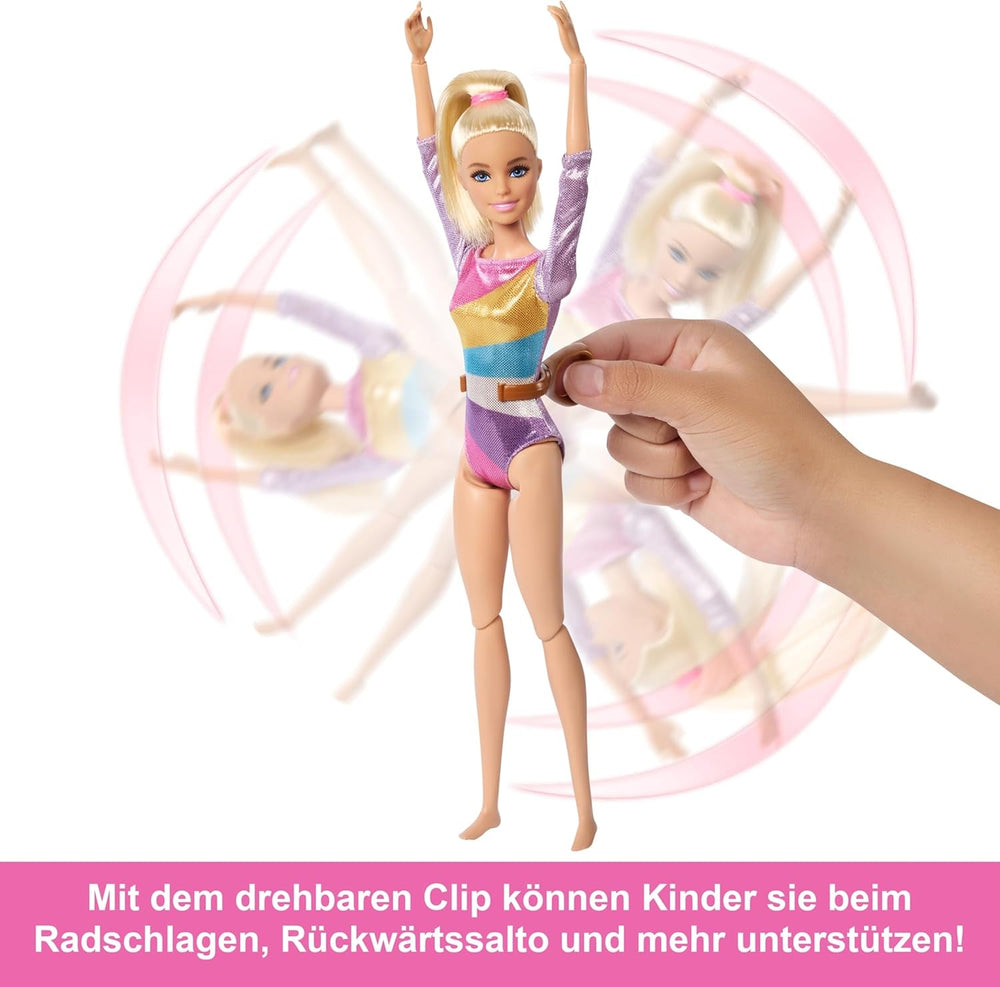 Set de joacă distractiv Barbie pentru gimnastică cu bârnă de echilibru și peste 10 piese tematice pentru povești câștigătoare, HRG52