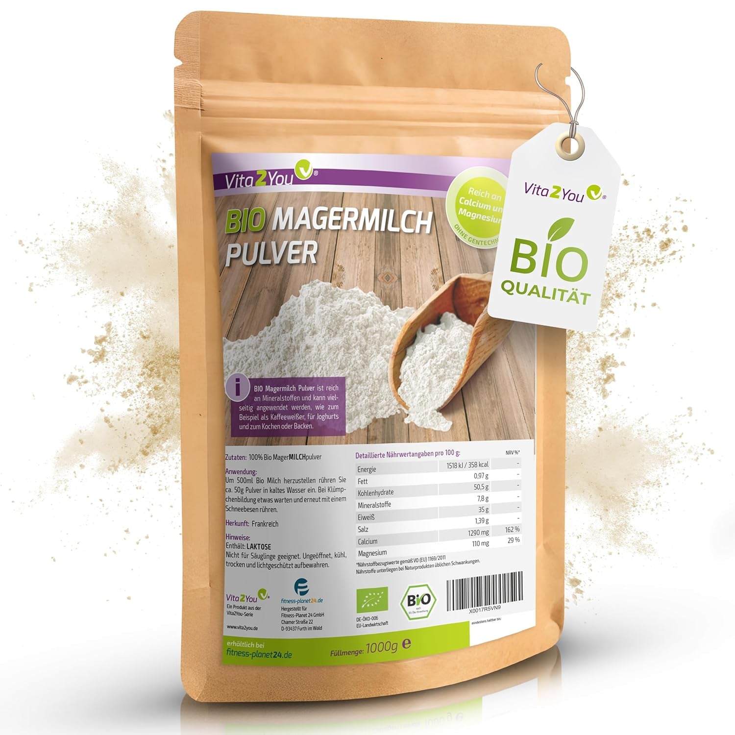 Vita2You Bio Lait écrémé en poudre 1000g - 100% Bio Qualität - pour la pâtisserie - Kaffeeweißer - Milchpulver für Joghurts - 1kg - Premium Qualität