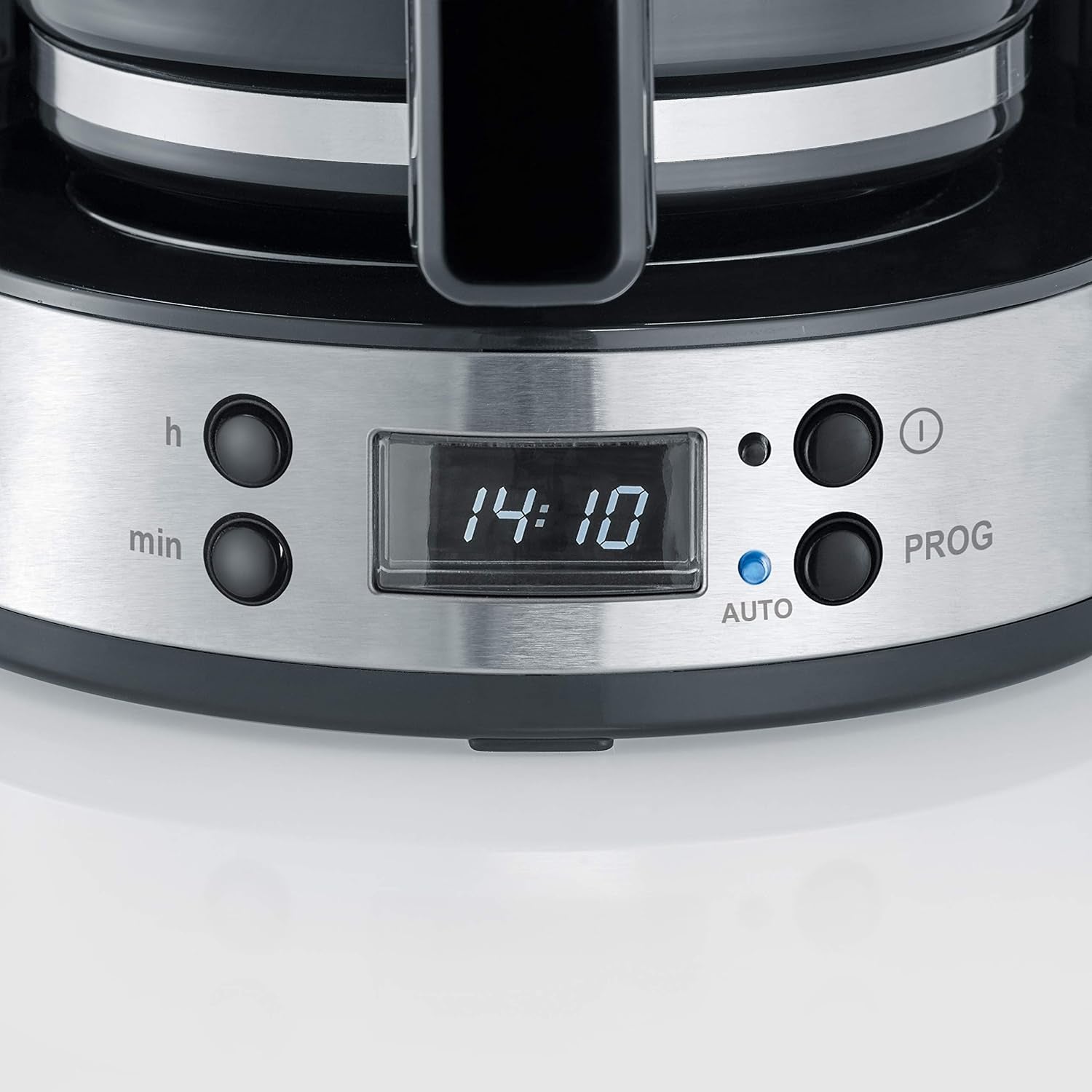 Machine à expresso SEVERIN "TypeSwitch" avec carafe en verre et minuterie, AromaSwitch pour choisir 2 options de préparation, horloge numérique avec fonction minuterie, pour jusqu'à 10 tasses, 1000W, acier inoxydable brossé-noir, KA 4826