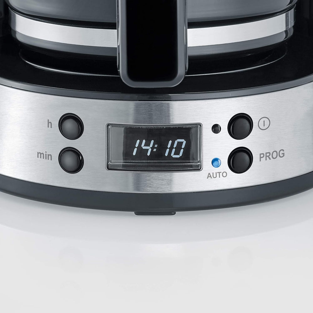 Machine à expresso SEVERIN "TypeSwitch" avec carafe en verre et minuterie, AromaSwitch pour choisir 2 options de préparation, horloge numérique avec fonction minuterie, pour jusqu'à 10 tasses, 1000W, acier inoxydable brossé-noir, KA 4826