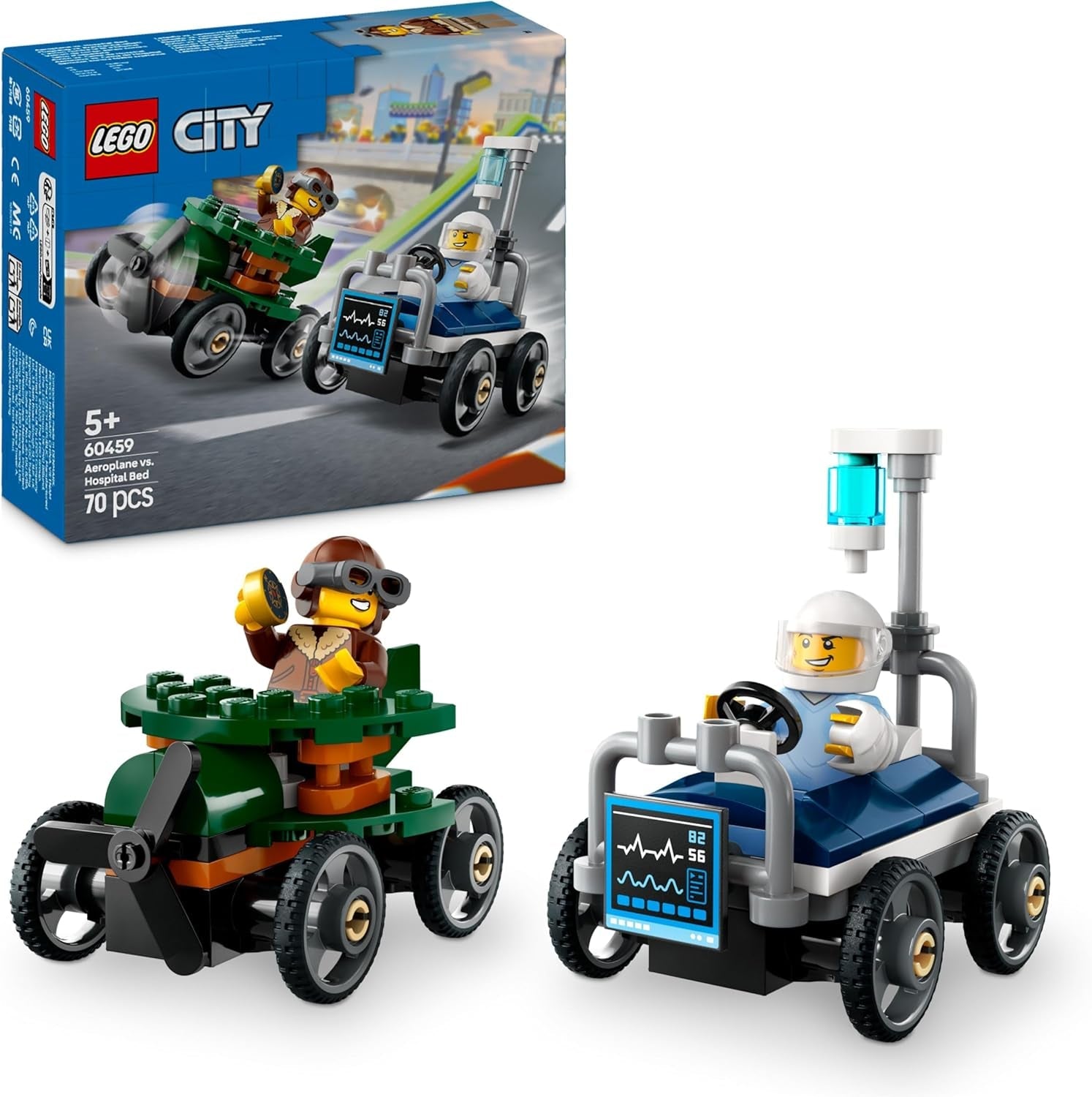 LEGO City Flugzeug vs. Krankenhausbett Rennwagen Set - Seifenkisten Spielzeug für Jungen und Mädchen ab 5 Jahren - Bauset mit 2 Minifiguren - Geschenk zum Geburtstag & für die Feiertage 60459