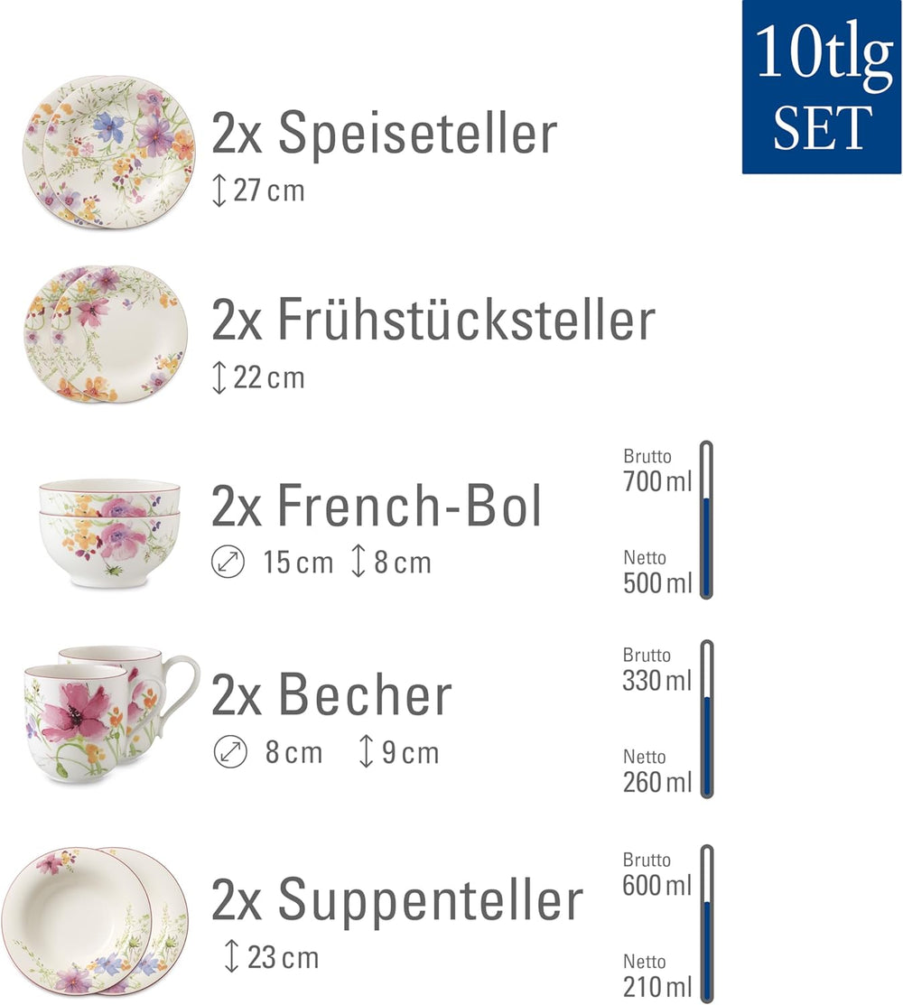 Villeroy & Boch Mariefleur Service de table pour 2 personnes, couleurs assorties, passe au lave-vaisselle, passe au micro-ondes, service de table floral, service de table, service combiné, porcelaine de qualité supérieure