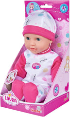 Simba 105140004 - Laura Cutie, poupée au corps doux et aux yeux endormis dans une jolie combinaison minou, 5 sons, 30 cm, à partir de 12 mois