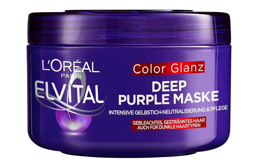 L'Oréal Paris Masque capillaire Elvital pour cheveux blonds, méchés et gris, neutralise les tons jaunes, Color Glanz Purple Deep Mask contre les tons jaunes, 1 x 250 ml Naty Shop masque capillaire 250 Ml (1 paquet)