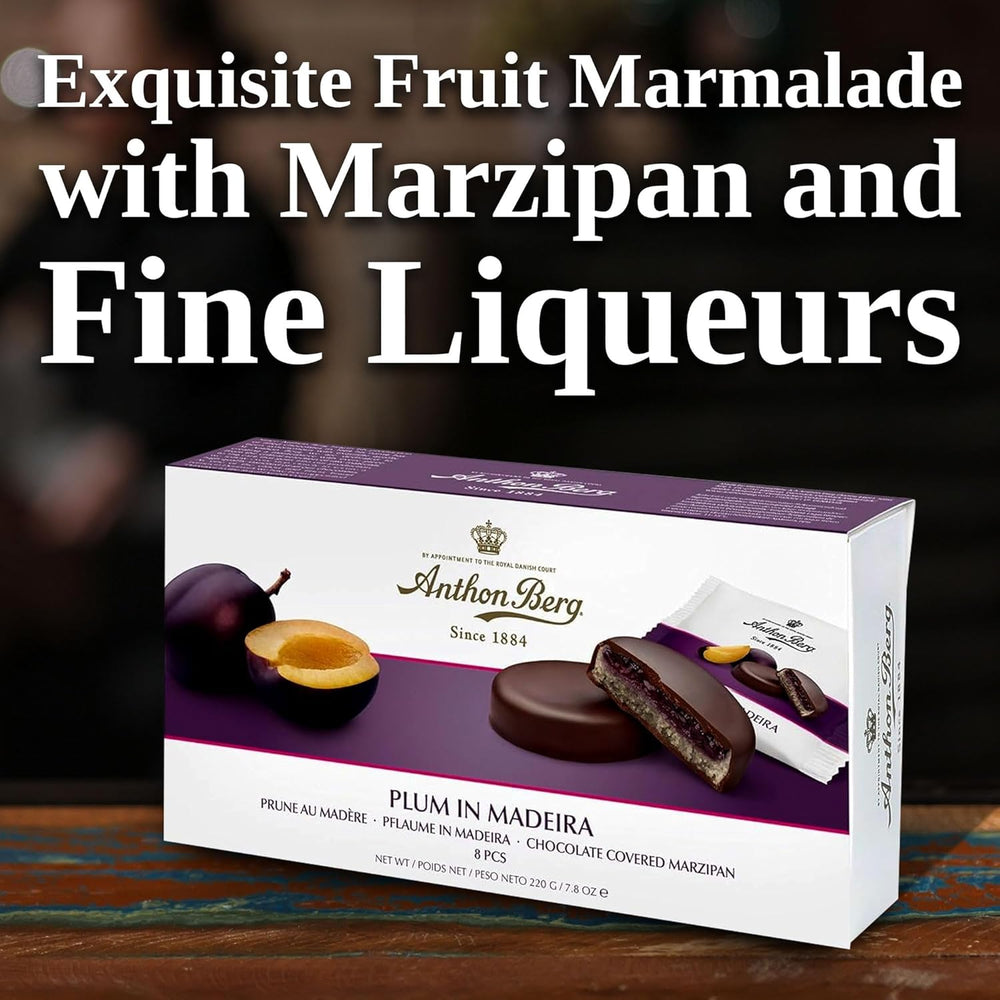Prune à Madère – 220g – Spécialité de pâte d'amande aux fruits et alcool – 8 pièces de chocolat noir avec gelée de prune et vin de Madère – Idée cadeau