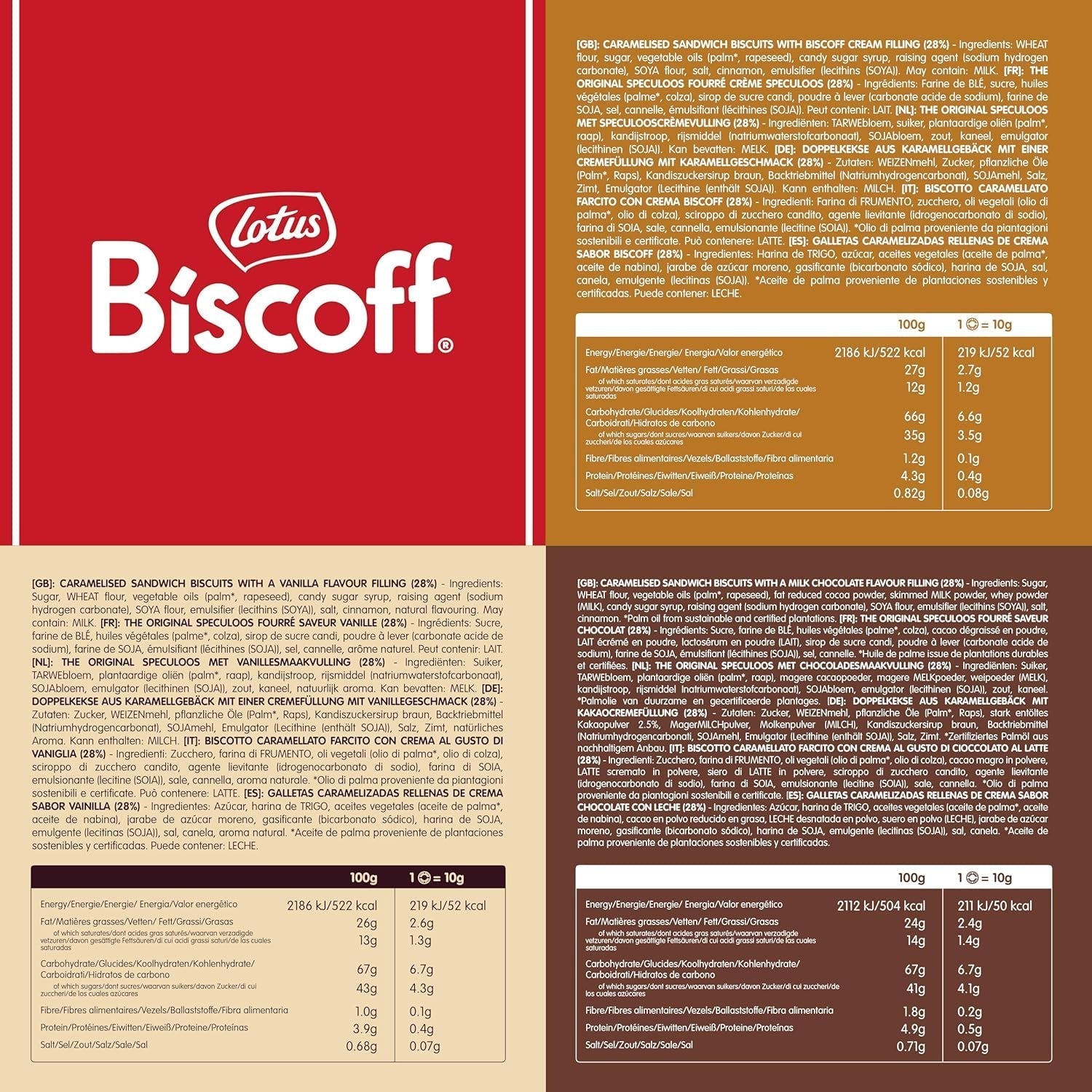 Biscoff Lotus | Pack varié de biscuits doubles | 3 variétés : Biscoff Crème, Saveur Vanille et Chocolat | 5 biscuits doubles par paquet | Ingrédients d'origine naturelle | Pas de colorants | 16x50g | 800g