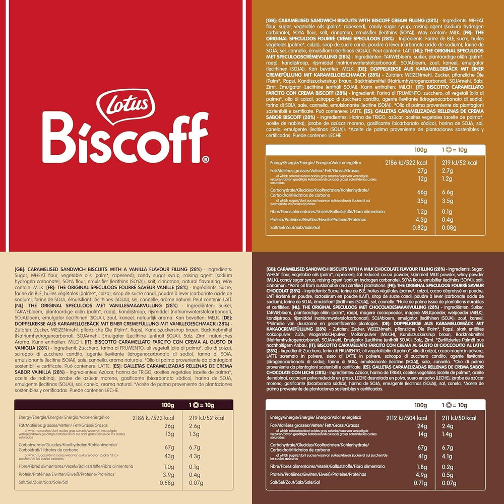 Biscoff Lotus | Pack varié de biscuits doubles | 3 variétés : Biscoff Crème, Saveur Vanille et Chocolat | 5 biscuits doubles par paquet | Ingrédients d'origine naturelle | Pas de colorants | 16x50g | 800g