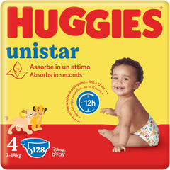 Couches Huggies Unistar, taille 4 (7-14 kg), paquet de 128 couches (de base)