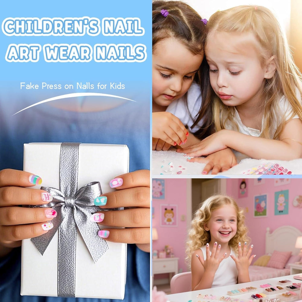 Ensemble de faux ongles – 120 pièces d'ongles autocollants pour enfants avec colle à ongles, ensemble d'ongles artificiels autocollants à couverture complète, faux ongles pour filles avec petites mains (couleur A, 120X)