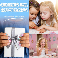 Ensemble de faux ongles – 120 pièces d'ongles autocollants pour enfants avec colle à ongles, ensemble d'ongles artificiels autocollants à couverture complète, faux ongles pour filles avec petites mains (couleur A, 120X)