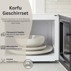 SÄNGER | Set de veselă Corfu cu 24 de piese, serviciu de cină pentru 8 persoane, ceramică lucrată manual, set de farfurii care include farfurii de cină, farfurii de desert și farfurii de sumă, veselă de culoare crem cu textură nisipoasă