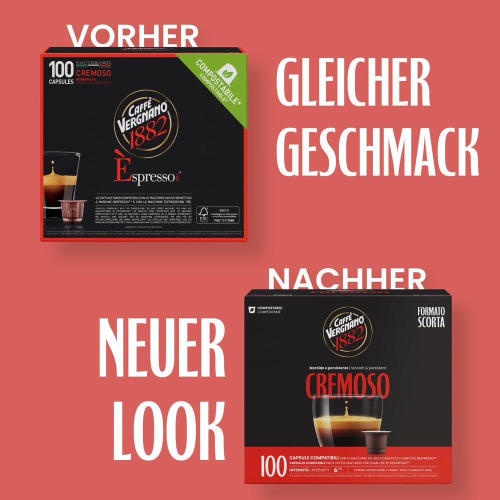 Caffè Vergnano 1882 - Café expresso compostable, compatible avec Nespresso, Cremoso (crémeux) - Packung Enthält 100 Kapseln