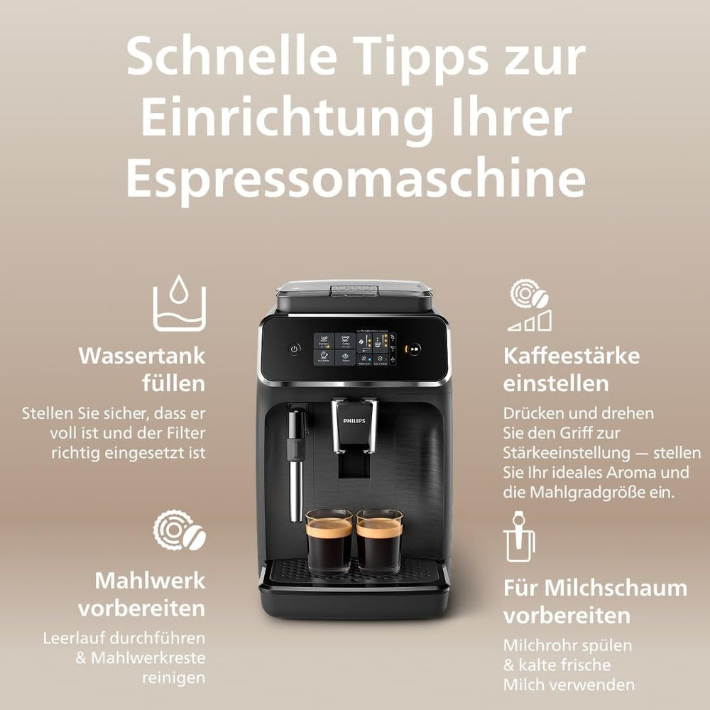 Machine à expresso automatique PHILIPS série 2200 - 2 spécialités de café, écran tactile, mousseur à lait classique, moulin en céramique, noir mat (EP2220/10)