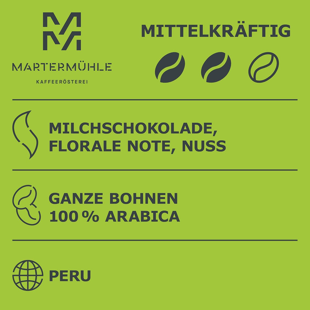 Martermühle Peru Bio Kaffeebohnen 1kg mittelkräftig I Arabica I Arôme : Chocolat au lait, Notes florales, Noix I Ganze Bio Kaffee-Bohnen schonend geröstet, säurearm