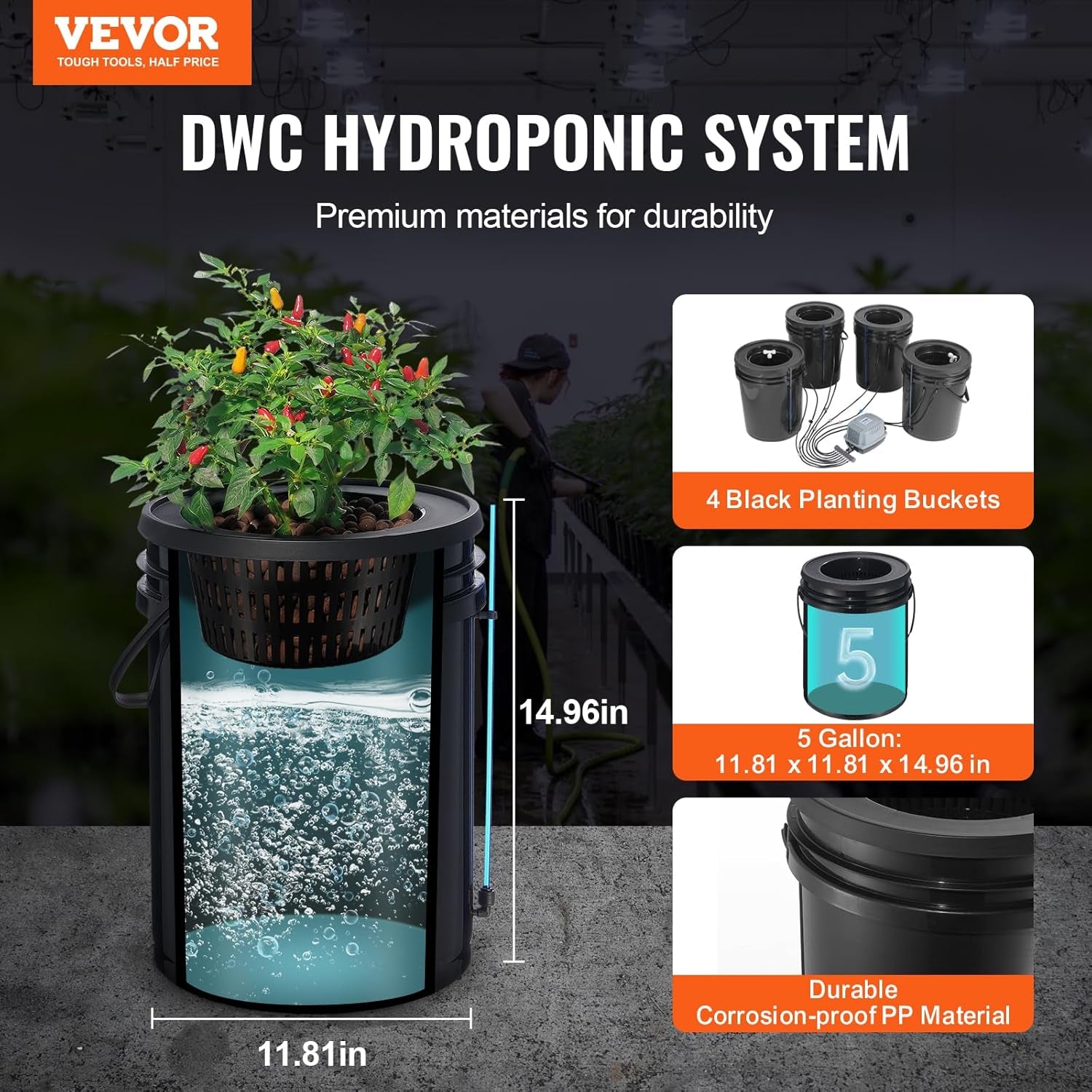 VEVOR DWC Système de culture hydroponique Kit de pot d'égouttement Systèmes de culture hydroponique Culture en eau profonde 4 seaux de 20 L avec pompe à air Pierres à air et indicateur de niveau d'eau pour légumes à feuilles vertes